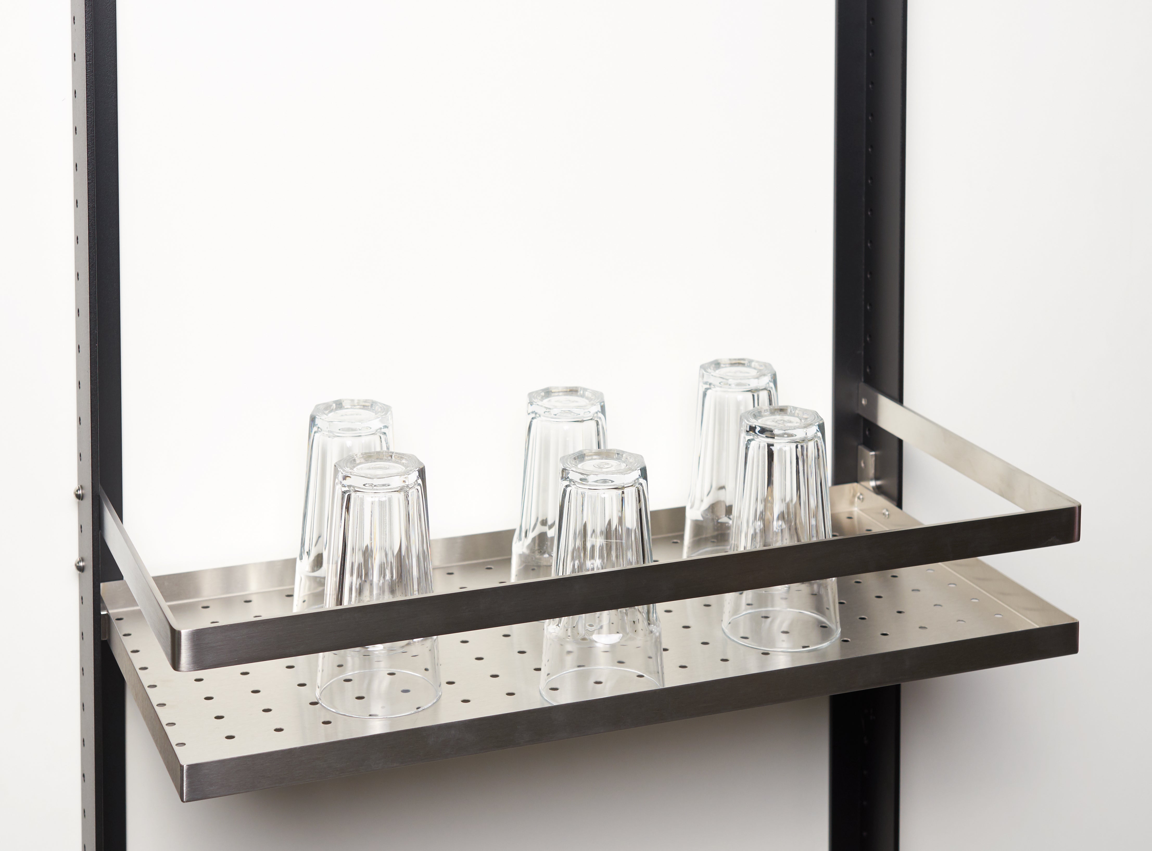 Shelf, perforated sheet with edge and rail / stainless steel