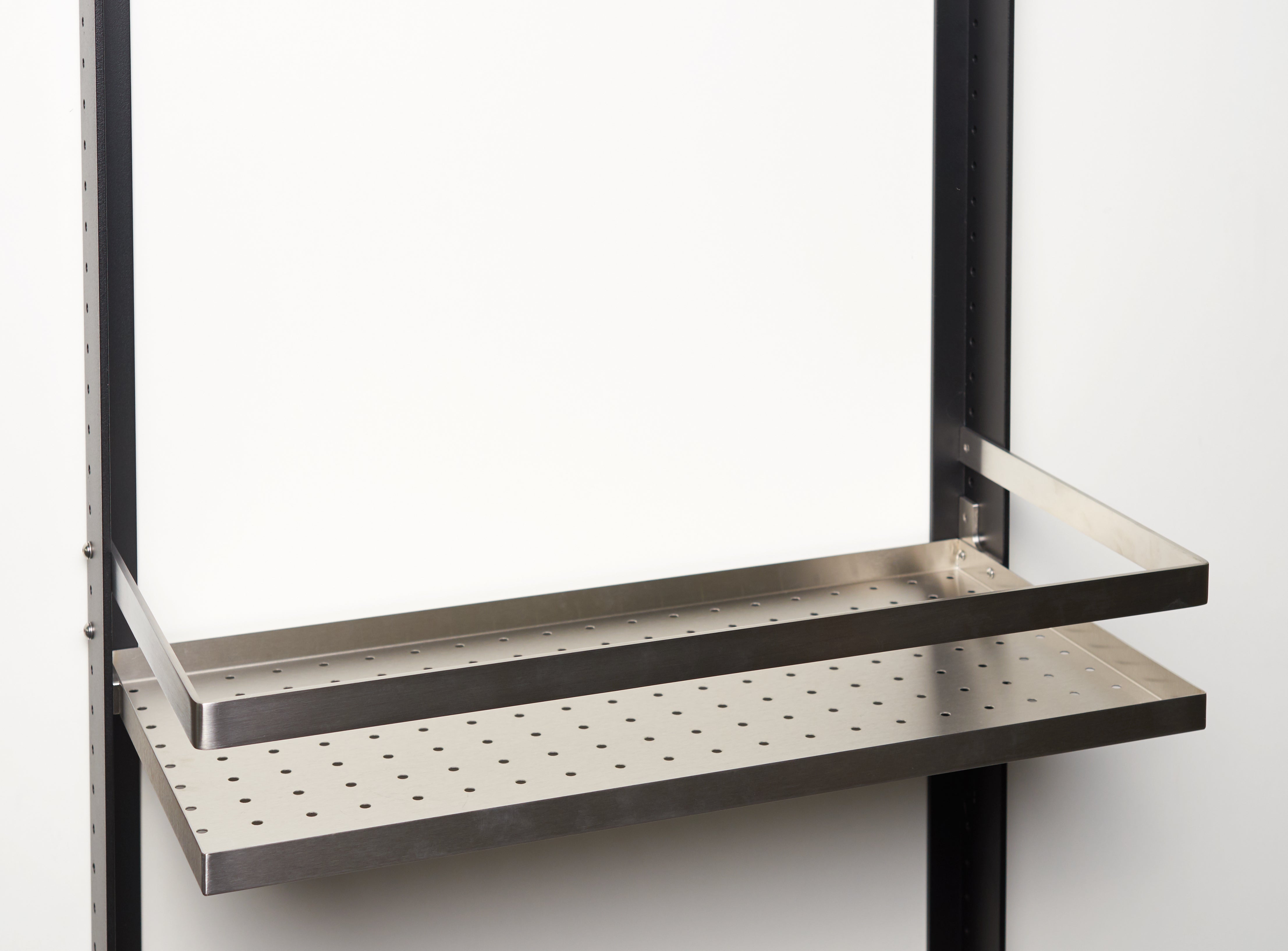 Shelf, perforated sheet with edge and rail / stainless steel