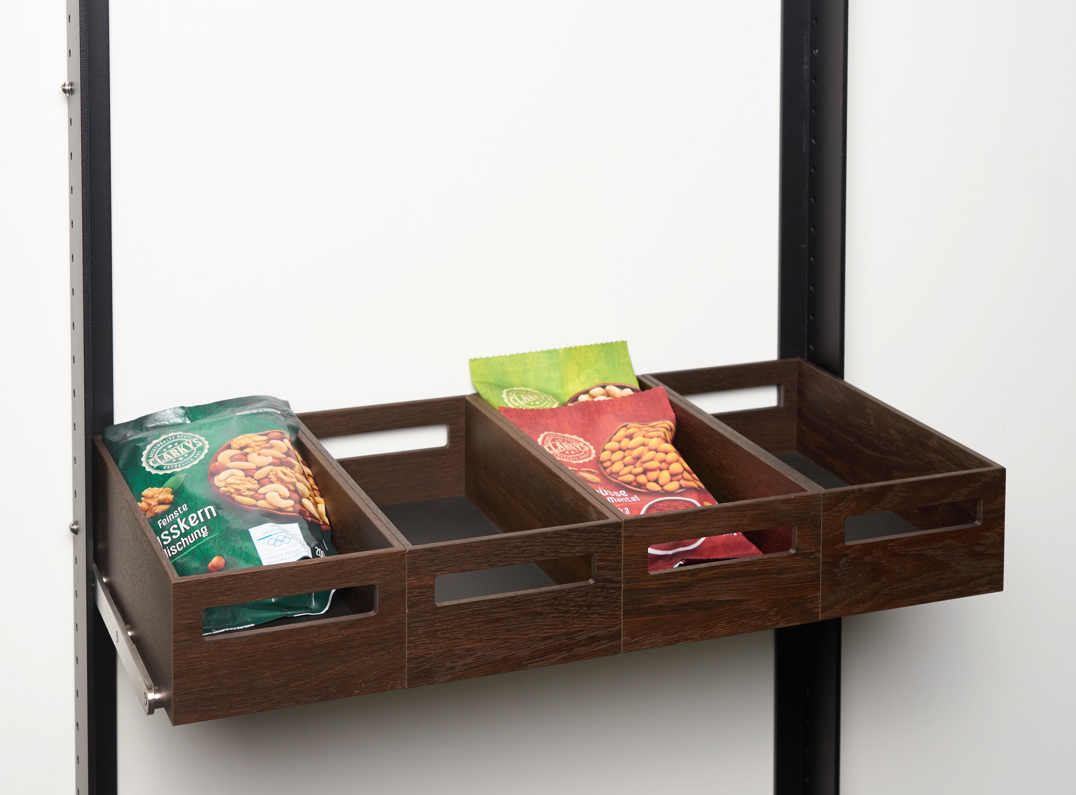 Rack with 4 wooden containers, low / stainless steel / black oak